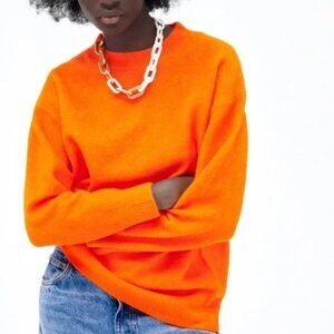 Zara Oversized Crew Neck Sweater 100% Wool Bright Orange NWT Large